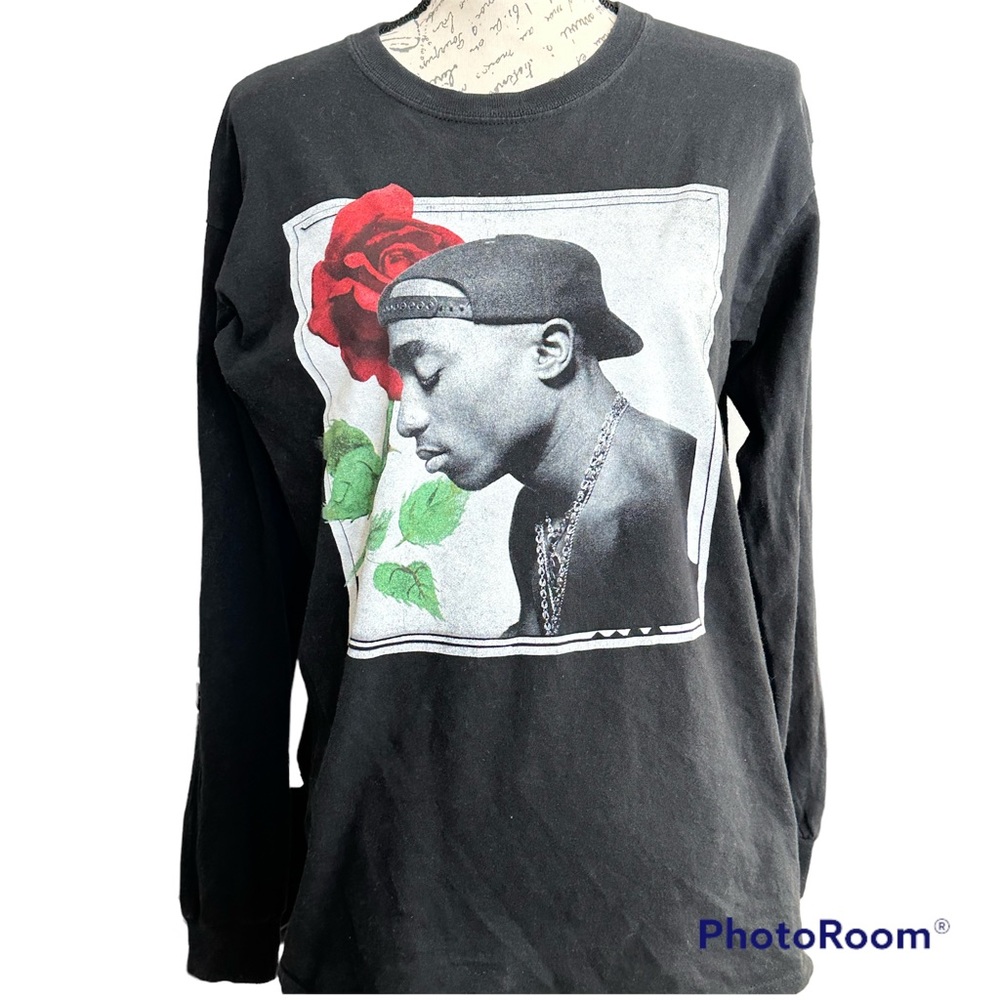 2pac Shakur Cotton Long Sleeve Black Crewneck Top Womens Size Small